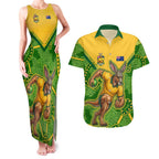 Personalized Australian Jackaroo Lawn Bowls Couples Matching Tank Maxi Dress and Hawaiian Shirt Kangaroo Athlete Indigenous Pattern Green Yellow Sports Mascot