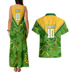 Personalized Australian Jackaroo Lawn Bowls Couples Matching Tank Maxi Dress and Hawaiian Shirt Kangaroo Athlete Indigenous Pattern Green Yellow Sports Mascot
