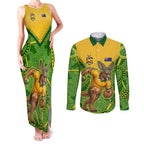 Personalized Australian Jackaroo Lawn Bowls Couples Matching Tank Maxi Dress and Long Sleeve Button Shirt Kangaroo Athlete Indigenous Pattern Green Yellow Sports Mascot