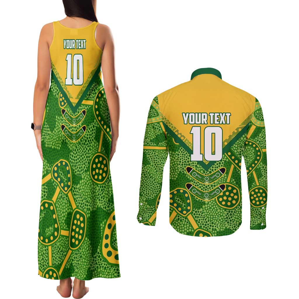 Personalized Australian Jackaroo Lawn Bowls Couples Matching Tank Maxi Dress and Long Sleeve Button Shirt Kangaroo Athlete Indigenous Pattern Green Yellow Sports Mascot