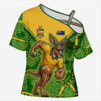 Personalized Australian Jackaroo Lawn Bowls Cross Shoulder Shirt Kangaroo Athlete Indigenous Pattern Green Yellow Sports Mascot