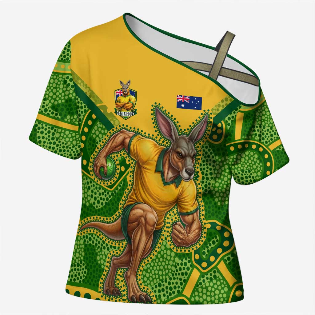 Personalized Australian Jackaroo Lawn Bowls Cross Shoulder Shirt Kangaroo Athlete Indigenous Pattern Green Yellow Sports Mascot