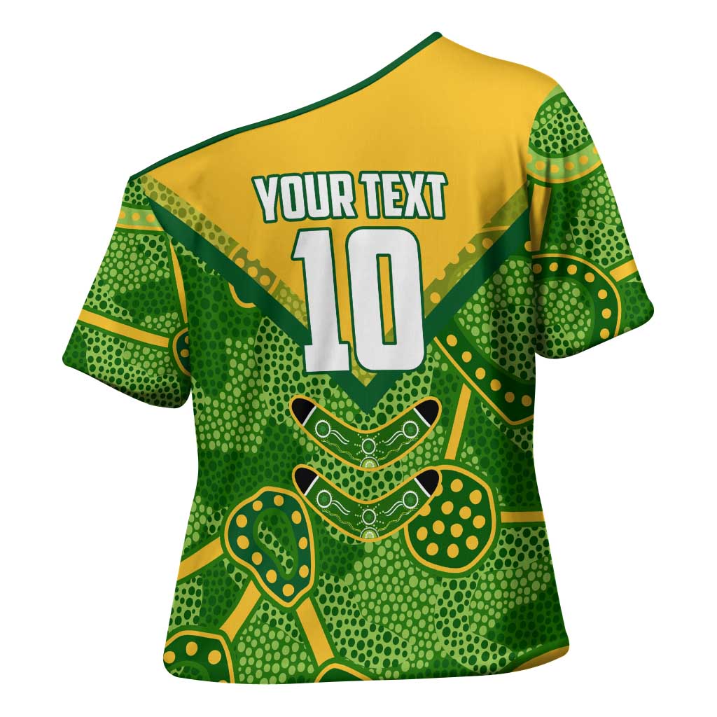 Personalized Australian Jackaroo Lawn Bowls Cross Shoulder Shirt Kangaroo Athlete Indigenous Pattern Green Yellow Sports Mascot