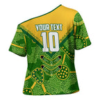 Personalized Australian Jackaroo Lawn Bowls Cross Shoulder Shirt Kangaroo Athlete Indigenous Pattern Green Yellow Sports Mascot