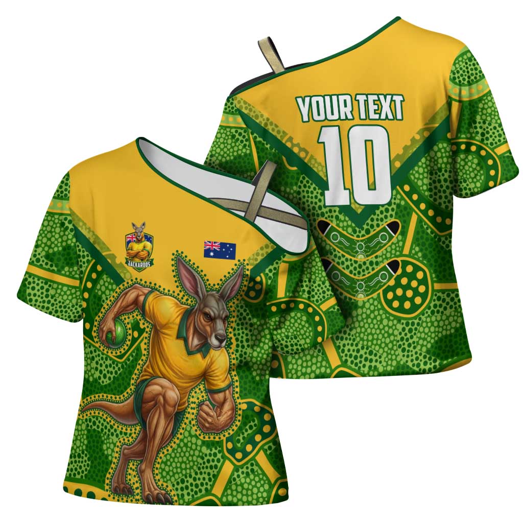 Personalized Australian Jackaroo Lawn Bowls Cross Shoulder Shirt Kangaroo Athlete Indigenous Pattern Green Yellow Sports Mascot