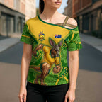 Personalized Australian Jackaroo Lawn Bowls Cross Shoulder Shirt Kangaroo Athlete Indigenous Pattern Green Yellow Sports Mascot
