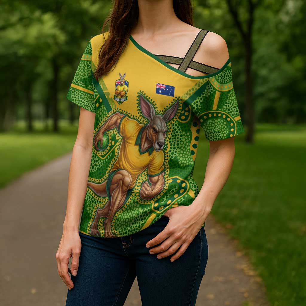 Personalized Australian Jackaroo Lawn Bowls Cross Shoulder Shirt Kangaroo Athlete Indigenous Pattern Green Yellow Sports Mascot