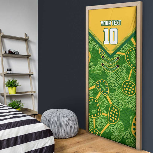 Personalized Australian Jackaroo Lawn Bowls Door Cover Kangaroo Athlete Indigenous Pattern Green Yellow Sports Mascot