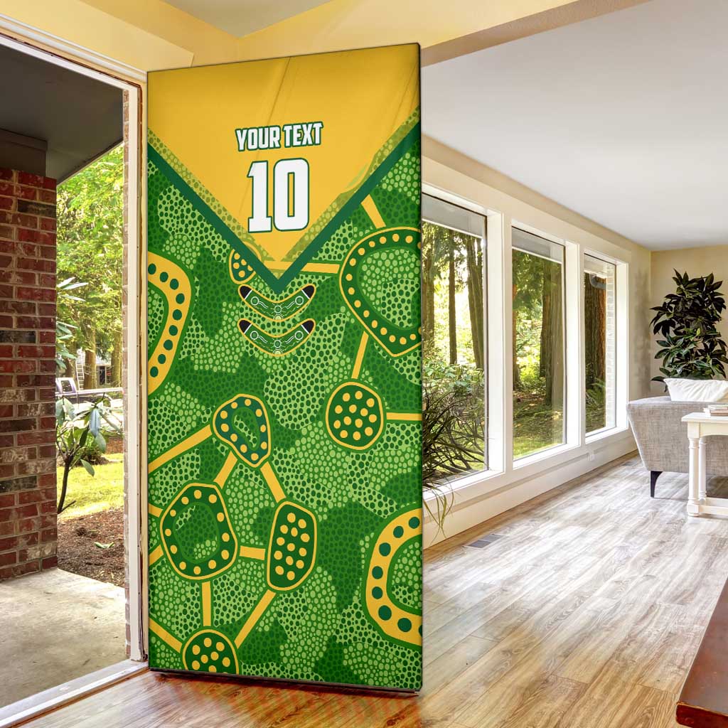 Personalized Australian Jackaroo Lawn Bowls Door Cover Kangaroo Athlete Indigenous Pattern Green Yellow Sports Mascot