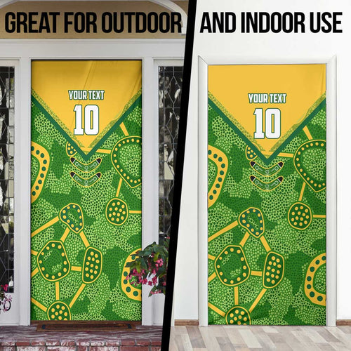 Personalized Australian Jackaroo Lawn Bowls Door Cover Kangaroo Athlete Indigenous Pattern Green Yellow Sports Mascot
