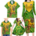 Personalized Australian Jackaroo Lawn Bowls Family Matching Long Sleeve Bodycon Dress and Hawaiian Shirt Kangaroo Athlete Indigenous Pattern Green Yellow Sports Mascot