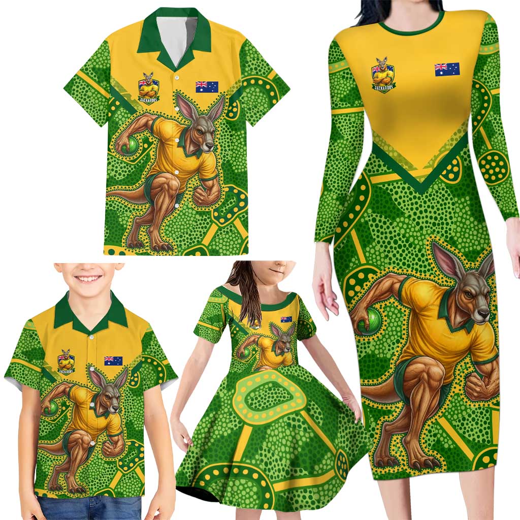 Personalized Australian Jackaroo Lawn Bowls Family Matching Long Sleeve Bodycon Dress and Hawaiian Shirt Kangaroo Athlete Indigenous Pattern Green Yellow Sports Mascot