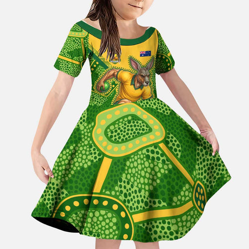 Personalized Australian Jackaroo Lawn Bowls Family Matching Long Sleeve Bodycon Dress and Hawaiian Shirt Kangaroo Athlete Indigenous Pattern Green Yellow Sports Mascot
