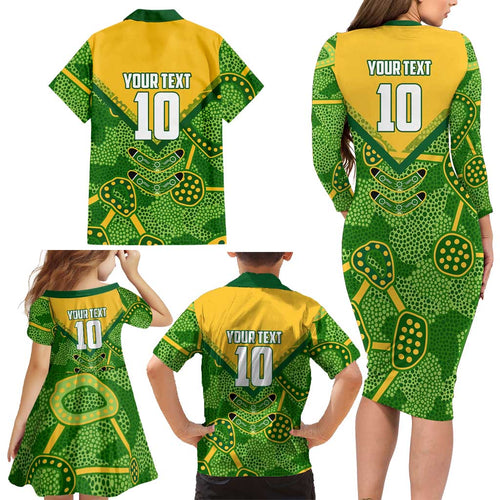 Personalized Australian Jackaroo Lawn Bowls Family Matching Long Sleeve Bodycon Dress and Hawaiian Shirt Kangaroo Athlete Indigenous Pattern Green Yellow Sports Mascot
