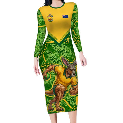 Personalized Australian Jackaroo Lawn Bowls Family Matching Long Sleeve Bodycon Dress and Hawaiian Shirt Kangaroo Athlete Indigenous Pattern Green Yellow Sports Mascot