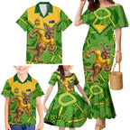 Personalized Australian Jackaroo Lawn Bowls Family Matching Mermaid Dress and Hawaiian Shirt Kangaroo Athlete Indigenous Pattern Green Yellow Sports Mascot