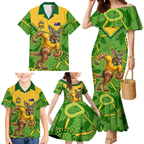 Personalized Australian Jackaroo Lawn Bowls Family Matching Mermaid Dress and Hawaiian Shirt Kangaroo Athlete Indigenous Pattern Green Yellow Sports Mascot