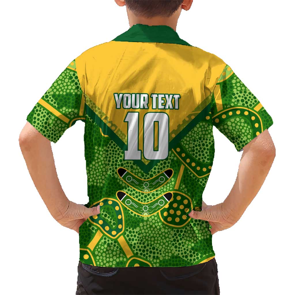 Personalized Australian Jackaroo Lawn Bowls Family Matching Mermaid Dress and Hawaiian Shirt Kangaroo Athlete Indigenous Pattern Green Yellow Sports Mascot