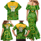 Personalized Australian Jackaroo Lawn Bowls Family Matching Mermaid Dress and Hawaiian Shirt Kangaroo Athlete Indigenous Pattern Green Yellow Sports Mascot