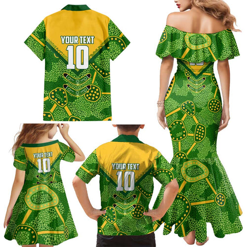 Personalized Australian Jackaroo Lawn Bowls Family Matching Mermaid Dress and Hawaiian Shirt Kangaroo Athlete Indigenous Pattern Green Yellow Sports Mascot