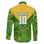 Personalized Australian Jackaroo Lawn Bowls Family Matching Mermaid Dress and Hawaiian Shirt Kangaroo Athlete Indigenous Pattern Green Yellow Sports Mascot
