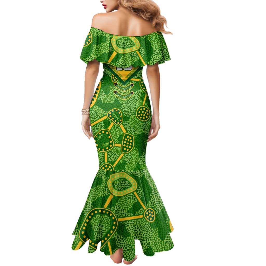 Personalized Australian Jackaroo Lawn Bowls Family Matching Mermaid Dress and Hawaiian Shirt Kangaroo Athlete Indigenous Pattern Green Yellow Sports Mascot
