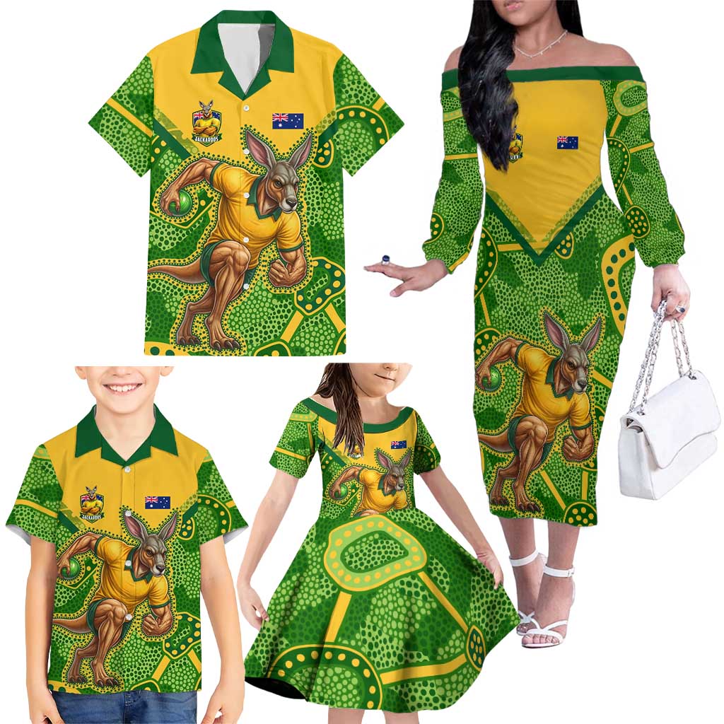 Personalized Australian Jackaroo Lawn Bowls Family Matching Off The Shoulder Long Sleeve Dress and Hawaiian Shirt Kangaroo Athlete Indigenous Pattern Green Yellow Sports Mascot