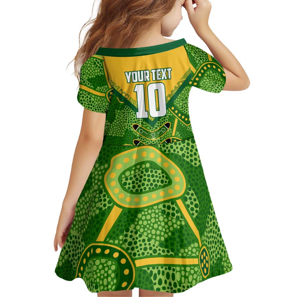 Personalized Australian Jackaroo Lawn Bowls Family Matching Off The Shoulder Long Sleeve Dress and Hawaiian Shirt Kangaroo Athlete Indigenous Pattern Green Yellow Sports Mascot