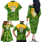 Personalized Australian Jackaroo Lawn Bowls Family Matching Off The Shoulder Long Sleeve Dress and Hawaiian Shirt Kangaroo Athlete Indigenous Pattern Green Yellow Sports Mascot
