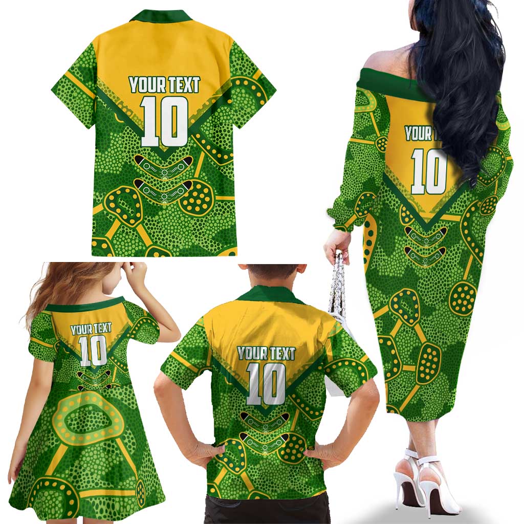 Personalized Australian Jackaroo Lawn Bowls Family Matching Off The Shoulder Long Sleeve Dress and Hawaiian Shirt Kangaroo Athlete Indigenous Pattern Green Yellow Sports Mascot