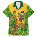Personalized Australian Jackaroo Lawn Bowls Family Matching Off The Shoulder Long Sleeve Dress and Hawaiian Shirt Kangaroo Athlete Indigenous Pattern Green Yellow Sports Mascot