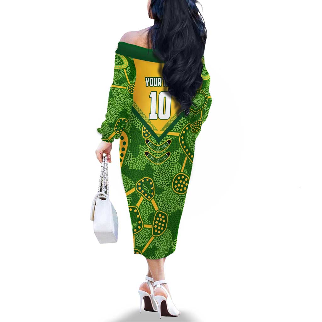 Personalized Australian Jackaroo Lawn Bowls Family Matching Off The Shoulder Long Sleeve Dress and Hawaiian Shirt Kangaroo Athlete Indigenous Pattern Green Yellow Sports Mascot