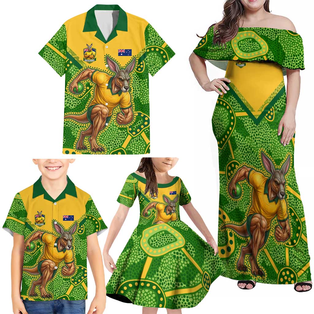 Personalized Australian Jackaroo Lawn Bowls Family Matching Off Shoulder Maxi Dress and Hawaiian Shirt Kangaroo Athlete Indigenous Pattern Green Yellow Sports Mascot