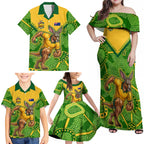Personalized Australian Jackaroo Lawn Bowls Family Matching Off Shoulder Maxi Dress and Hawaiian Shirt Kangaroo Athlete Indigenous Pattern Green Yellow Sports Mascot