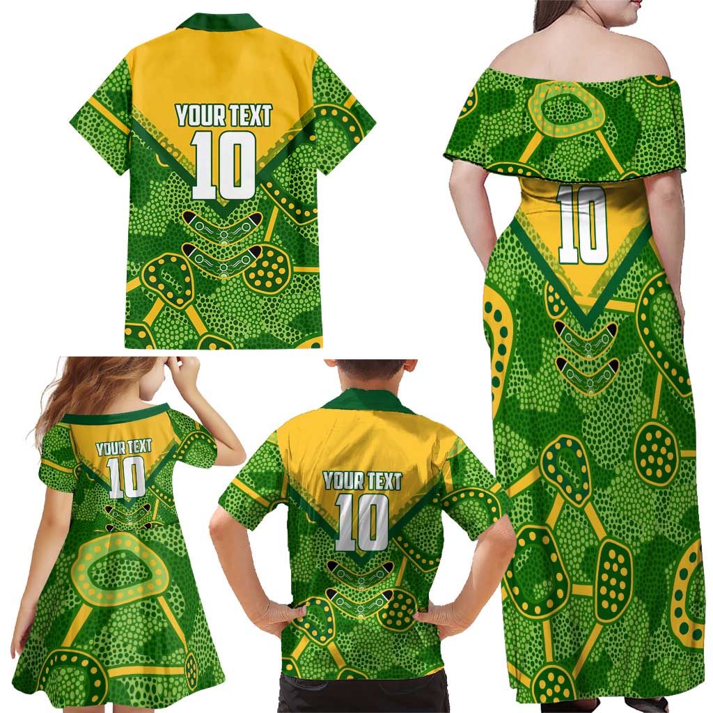 Personalized Australian Jackaroo Lawn Bowls Family Matching Off Shoulder Maxi Dress and Hawaiian Shirt Kangaroo Athlete Indigenous Pattern Green Yellow Sports Mascot