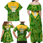 Personalized Australian Jackaroo Lawn Bowls Family Matching Off Shoulder Maxi Dress and Hawaiian Shirt Kangaroo Athlete Indigenous Pattern Green Yellow Sports Mascot