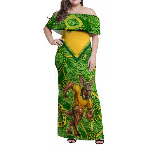 Personalized Australian Jackaroo Lawn Bowls Family Matching Off Shoulder Maxi Dress and Hawaiian Shirt Kangaroo Athlete Indigenous Pattern Green Yellow Sports Mascot