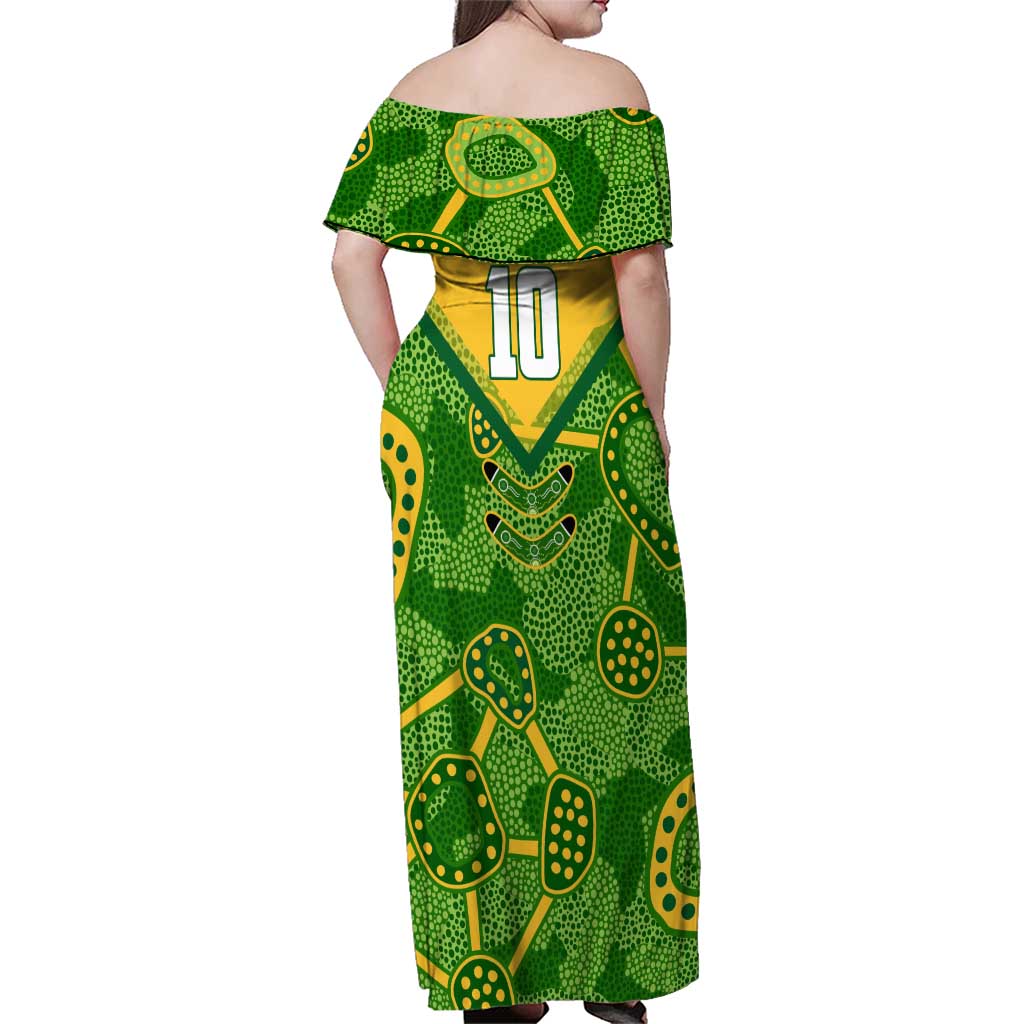 Personalized Australian Jackaroo Lawn Bowls Family Matching Off Shoulder Maxi Dress and Hawaiian Shirt Kangaroo Athlete Indigenous Pattern Green Yellow Sports Mascot