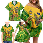 Personalized Australian Jackaroo Lawn Bowls Family Matching Off Shoulder Short Dress and Hawaiian Shirt Kangaroo Athlete Indigenous Pattern Green Yellow Sports Mascot