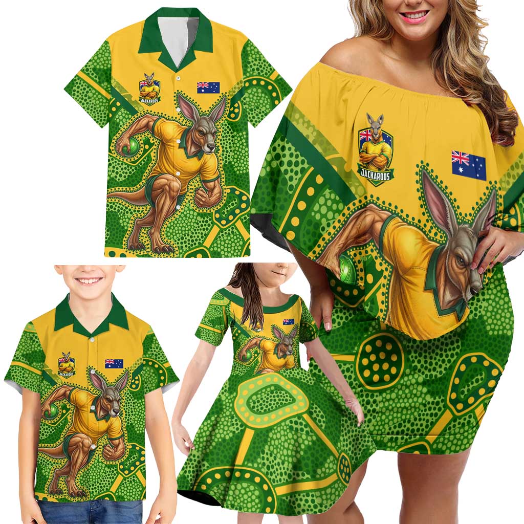 Personalized Australian Jackaroo Lawn Bowls Family Matching Off Shoulder Short Dress and Hawaiian Shirt Kangaroo Athlete Indigenous Pattern Green Yellow Sports Mascot