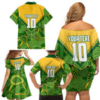 Personalized Australian Jackaroo Lawn Bowls Family Matching Off Shoulder Short Dress and Hawaiian Shirt Kangaroo Athlete Indigenous Pattern Green Yellow Sports Mascot
