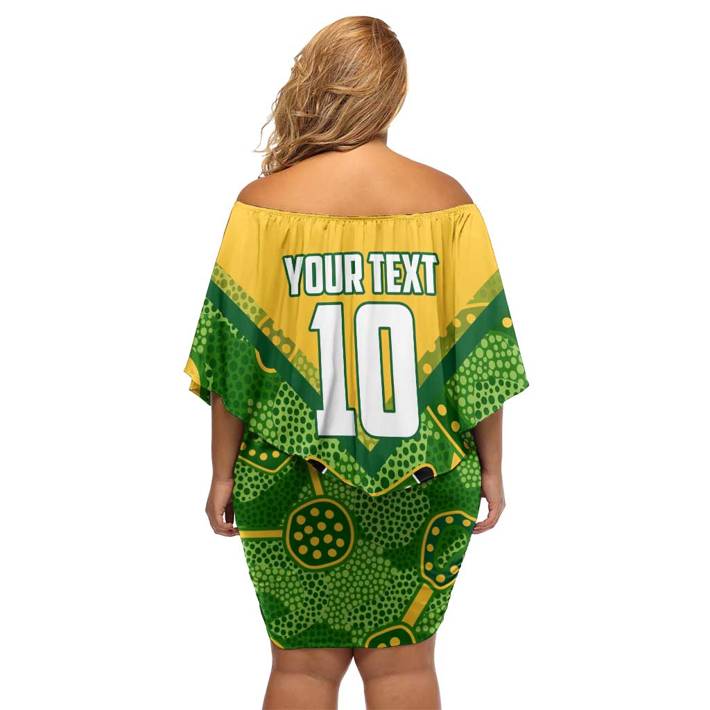 Personalized Australian Jackaroo Lawn Bowls Family Matching Off Shoulder Short Dress and Hawaiian Shirt Kangaroo Athlete Indigenous Pattern Green Yellow Sports Mascot