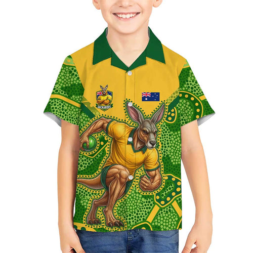Personalized Australian Jackaroo Lawn Bowls Family Matching Off Shoulder Short Dress and Hawaiian Shirt Kangaroo Athlete Indigenous Pattern Green Yellow Sports Mascot