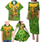 Personalized Australian Jackaroo Lawn Bowls Family Matching Puletasi and Hawaiian Shirt Kangaroo Athlete Indigenous Pattern Green Yellow Sports Mascot