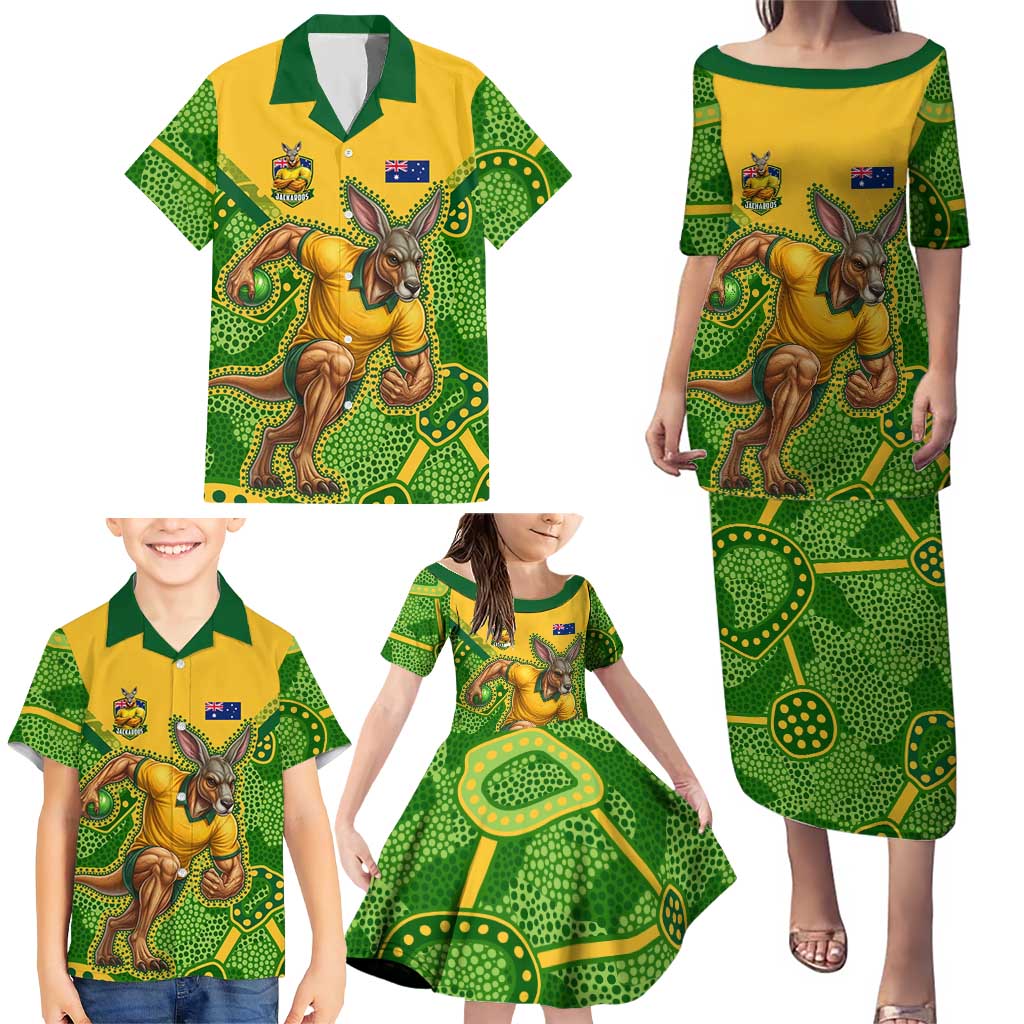 Personalized Australian Jackaroo Lawn Bowls Family Matching Puletasi and Hawaiian Shirt Kangaroo Athlete Indigenous Pattern Green Yellow Sports Mascot