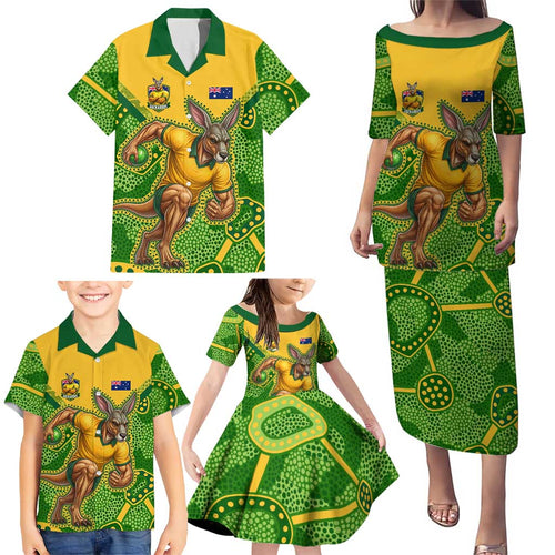Personalized Australian Jackaroo Lawn Bowls Family Matching Puletasi and Hawaiian Shirt Kangaroo Athlete Indigenous Pattern Green Yellow Sports Mascot