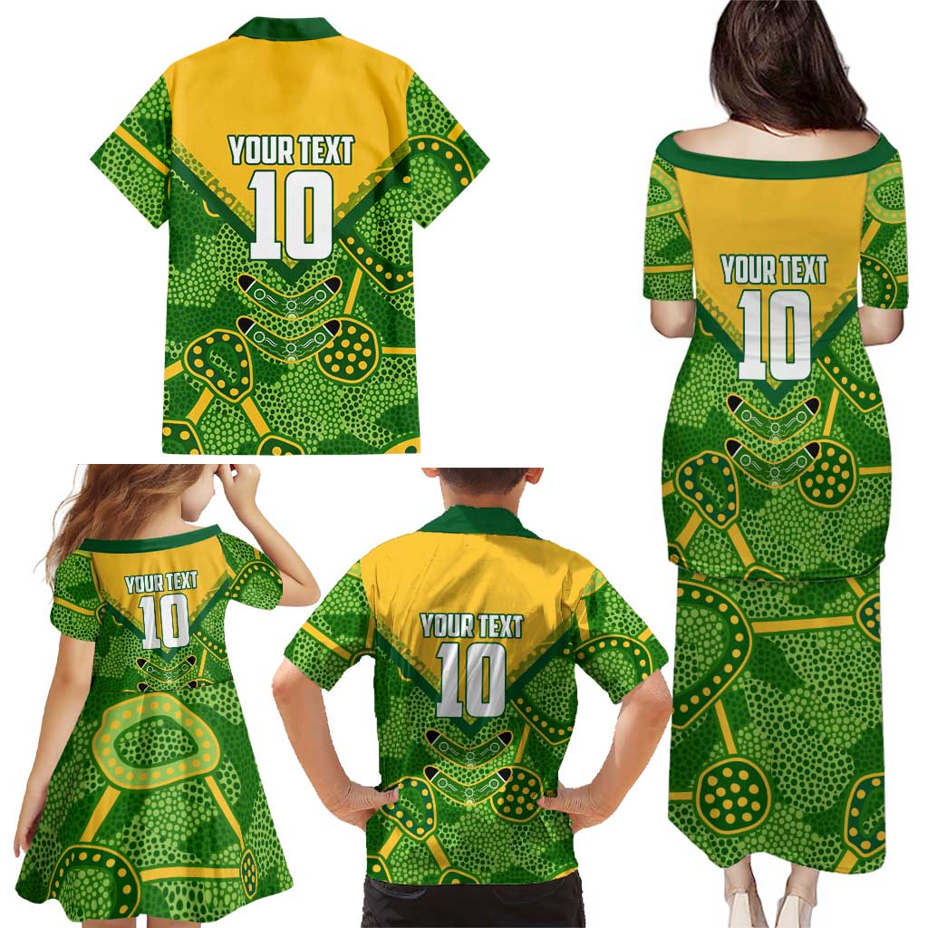 Personalized Australian Jackaroo Lawn Bowls Family Matching Puletasi and Hawaiian Shirt Kangaroo Athlete Indigenous Pattern Green Yellow Sports Mascot