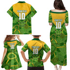 Personalized Australian Jackaroo Lawn Bowls Family Matching Puletasi and Hawaiian Shirt Kangaroo Athlete Indigenous Pattern Green Yellow Sports Mascot