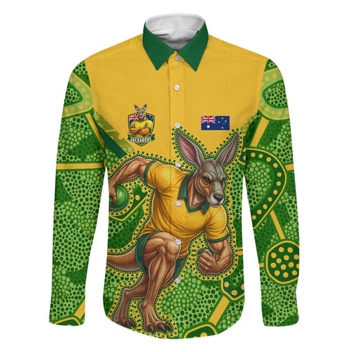 Personalized Australian Jackaroo Lawn Bowls Family Matching Puletasi and Hawaiian Shirt Kangaroo Athlete Indigenous Pattern Green Yellow Sports Mascot