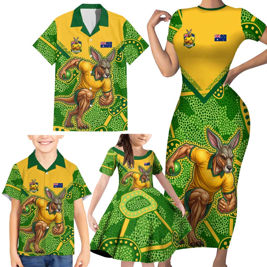 Personalized Australian Jackaroo Lawn Bowls Family Matching Short Sleeve Bodycon Dress and Hawaiian Shirt Kangaroo Athlete Indigenous Pattern Green Yellow Sports Mascot